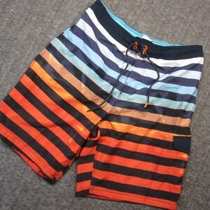 Speedo Swim Shorts Mens L Blue Orange Stripe Mesh Lined Drawstring Trunks Pocket